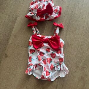 Strawberry Print Baby Girl Swimsuit with Matching Swim Cap